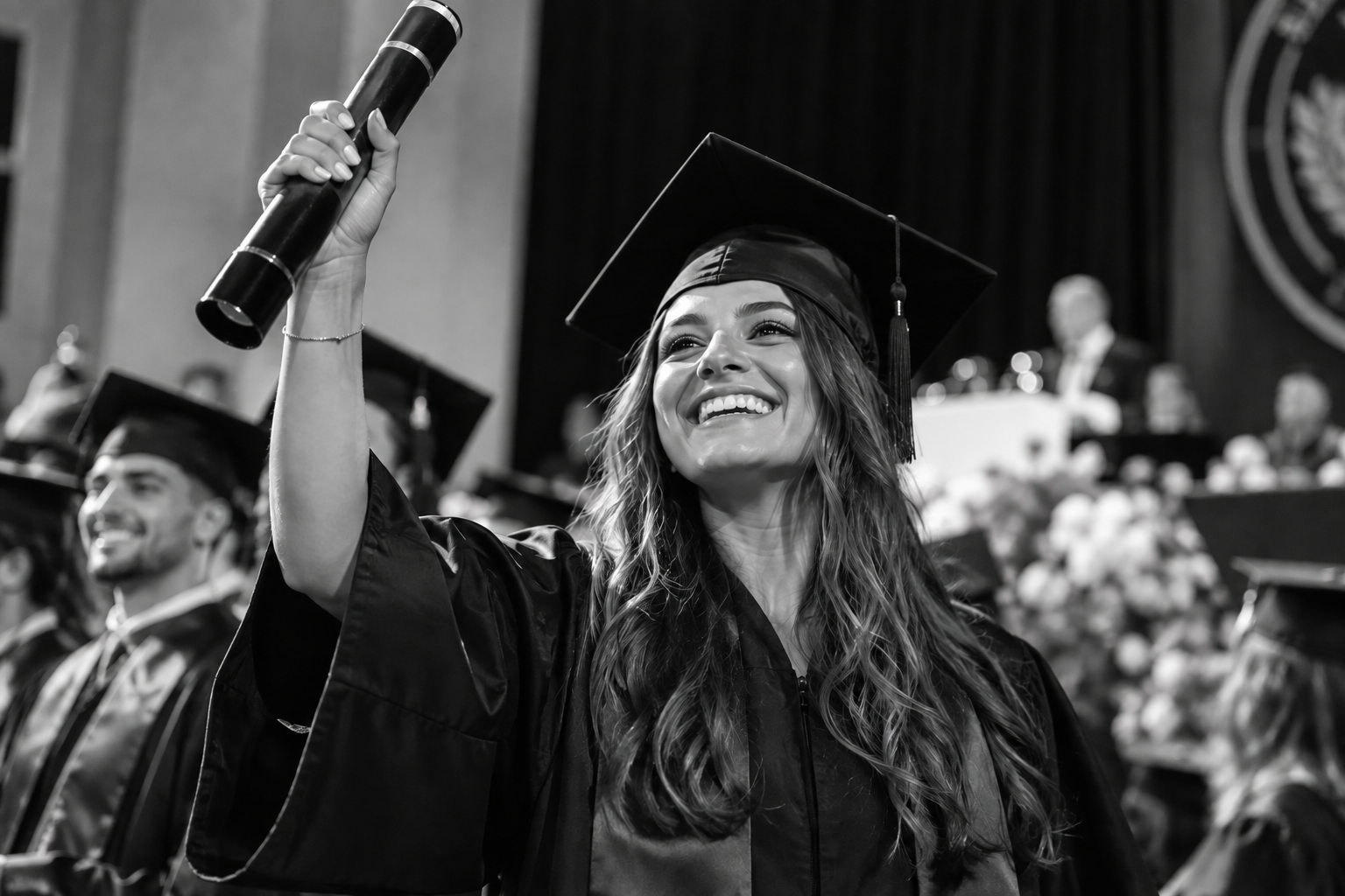 Formanda de capelo e beca segurando o canudo de diploma em uma celebração de formatura
